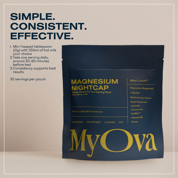 MyOva Magnesium Nightcap supplement package on a beige background