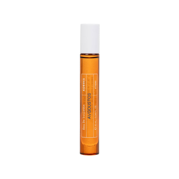 A single amber glass rollerball bottle with a white cap, featuring orange text that reads 'VASTOS' and 'EAU DE PARFUMES HOMMES', centered on a plain white background.