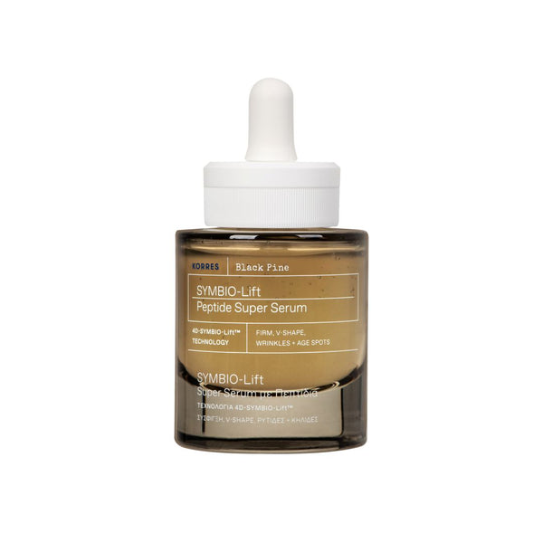 A bottle of HOBOS SymBio-Lift Peptide Super Serum in a dark amber glass dropper bottle with a white cap, on a solid white background.