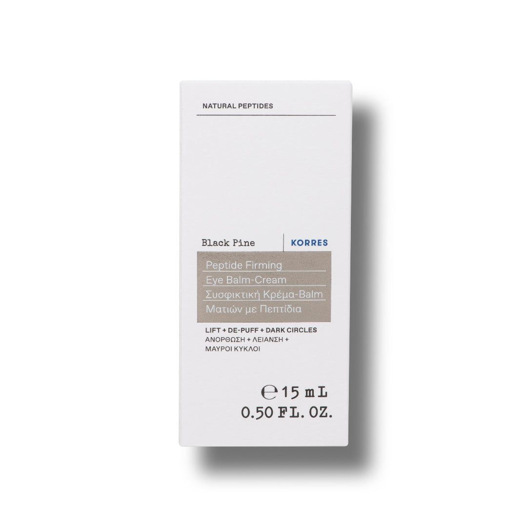 A white rectangular box of KORRES Black Pine Peptide Firming Eye Balm Cream, 15 mL, shown on a clean white background with a soft drop shadow.