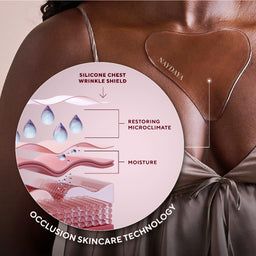 Silicone chest wrinkle shield with NAYDAYA branding and skincare technology diagram.
