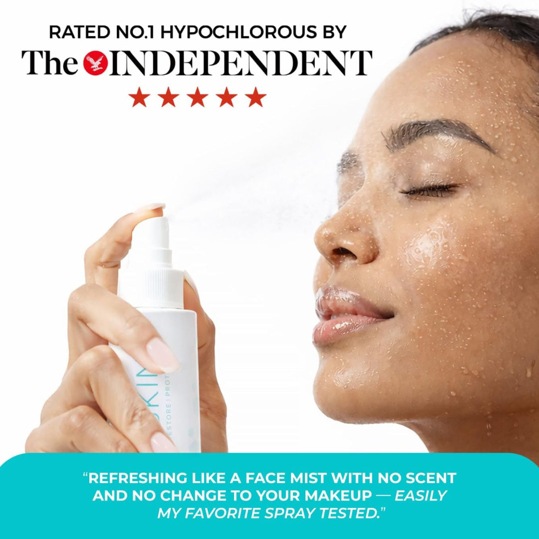 Woman using a face mist with product rating by The Independent displayed.