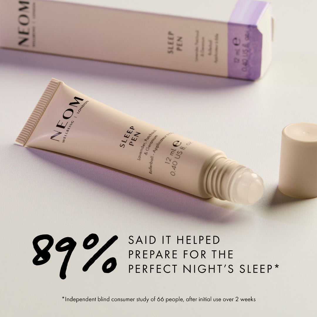 NEOM Sleep Pen on a light surface with text about customer satisfaction.