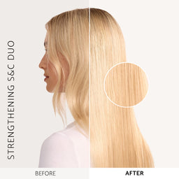 Before-and-after comparison of a blonde model's hair, showing wavy hair on the left and smooth, straight, strengthened hair on the right, with a circular close-up of the after texture. Text reads 'STRENGTHENING CONDITIONER', 'BEFORE', and 'AFTER'.