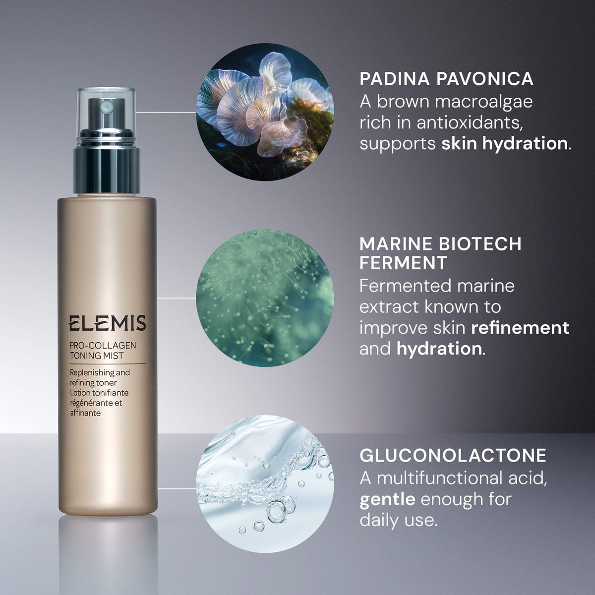 ELEMIS skincare product with ingredients highlighted on a gray background