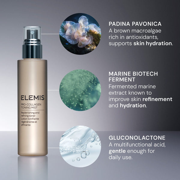ELEMIS skincare product with ingredients highlighted on a gray background