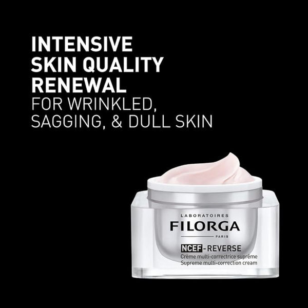 Filorga Ncef-Reverse intensive skin quality renewal cream jar on a black background with white promotional text.