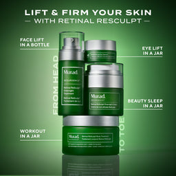 Murad skincare products on a green background with text highlighting product uses.