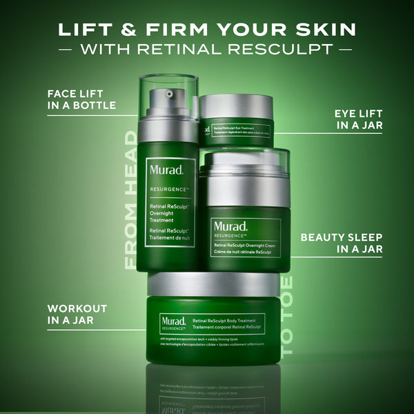 Murad skincare products on a green background with text highlighting product uses.