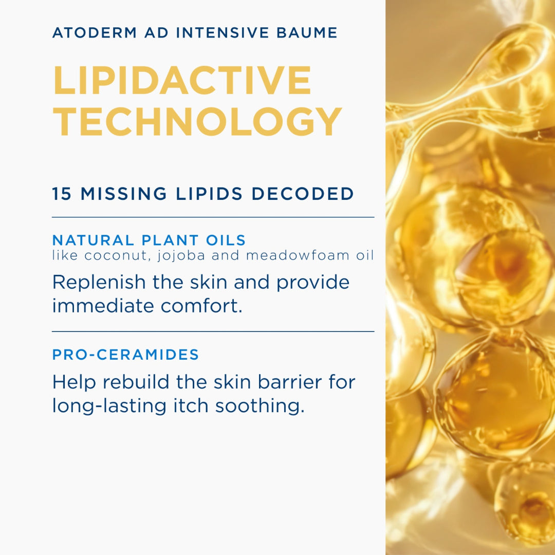 A promotional graphic for Atoderm lipidactive technology, featuring text on the left and a close-up of golden translucent oil droplets on the right.