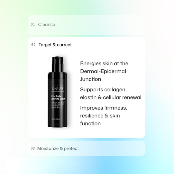 A skincare infographic on a soft white-to-blue gradient background. It shows a black bottle labeled GENEVA DR.