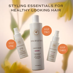 Three white INnersense hair care bottles are arranged on a soft beige background with blurred yellow leaves. Large text at the top reads 'STYLING ESSENTIALS FOR HEALTHY LOOKING HAIR,' with orange circles labeling the steps 'STEP ONE,' 'STEP TWO,' and 'STEP THREE.