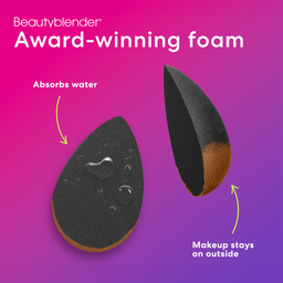 Beautyblender with text on a pink and purple gradient background