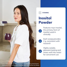 Woman holding a purple mug with text about inositol powder on a blue and white background