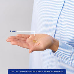 Hand holding a capsule with measurement label and text about daily dosage.