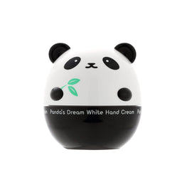 A panda-shaped hand cream container with a white top half featuring a black panda face design and a green leaf graphic, and a black bottom half with white text reading 'Panda's Dream White Hand Cream'.
