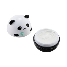 A small round jar of hand cream with a black base and a lid shaped like a panda head, shown open on a plain white background. The cream inside is white, and part of the label reads 'Cream White Hand Cr.