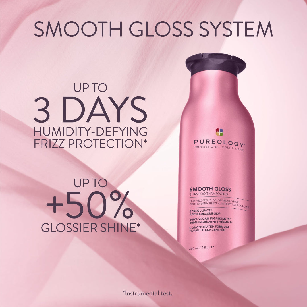A pink bottle of Pureology Professional Care Smooth Gloss shampoo is shown on a soft pink background with promotional text reading 'SMOOTH GLOSS SYSTEM' and claims about humidity-defying frizz protection and increased gloss shine.
