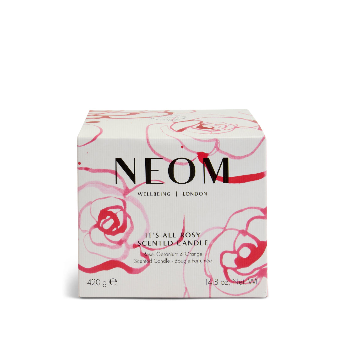 NEOM scented candle box with floral design on a white background