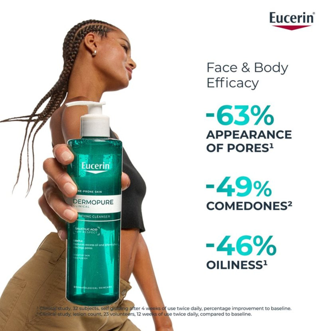 Eucerin Dermopure product held by a person with efficacy statistics displayed.