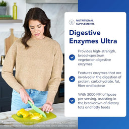 A woman in a beige knit sweater and blue jeans stands in a kitchen, cutting yellow bell peppers on a green cutting board. A large white and blue text panel on the right advertises Nutritional Supplements Digestive Enzymes Ultra with bullet points about broad-spectrum vegetarian digestive enzymes and 3000 FIP of lipase.