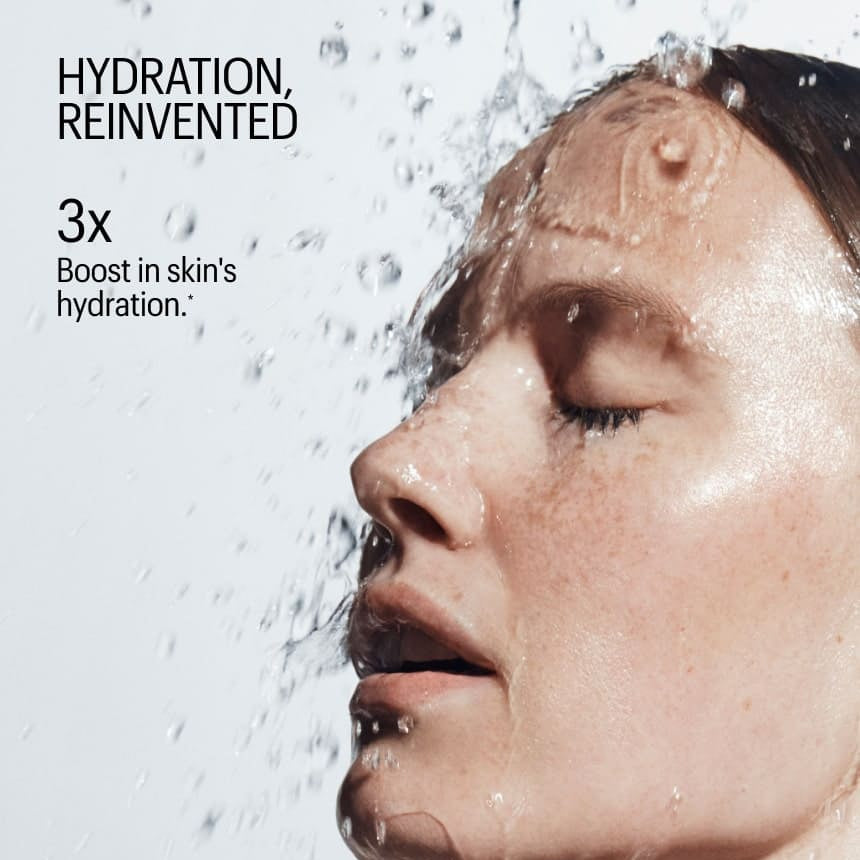 Person with water droplets on face, text about hydration boost.
