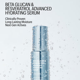 Bottle of Beta Glucan & Resveratrol Advanced Hydrating Serum with water droplets on a light gray background