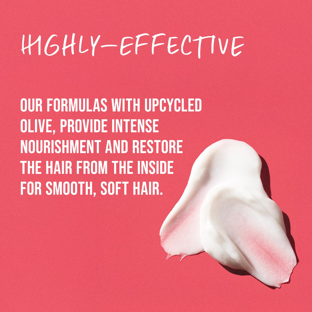 Product with text on a pink background about upcycled olive formulas for hair care.