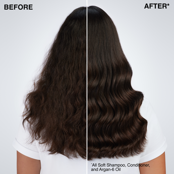 Before and after comparison of hair with 'All Soft Shampoo, Conditioner, and Argan-6 Oil' on a white background.