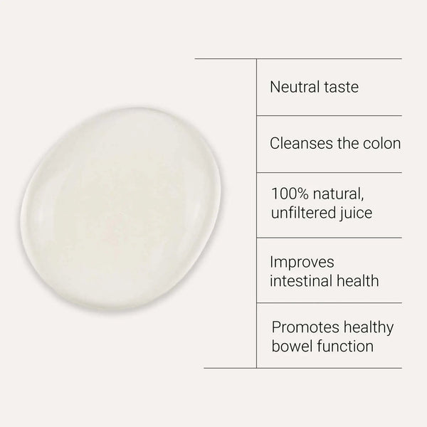 White liquid in a bowl with health benefits listed on a white background