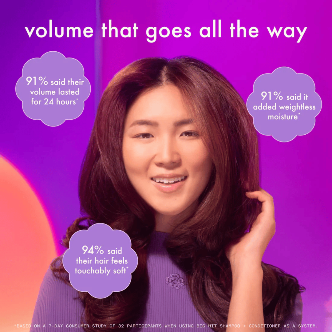 Woman with long brown hair against a purple background with text about hair product benefits.