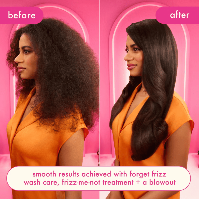 Before and after comparison of a woman's hair with text on a pink background