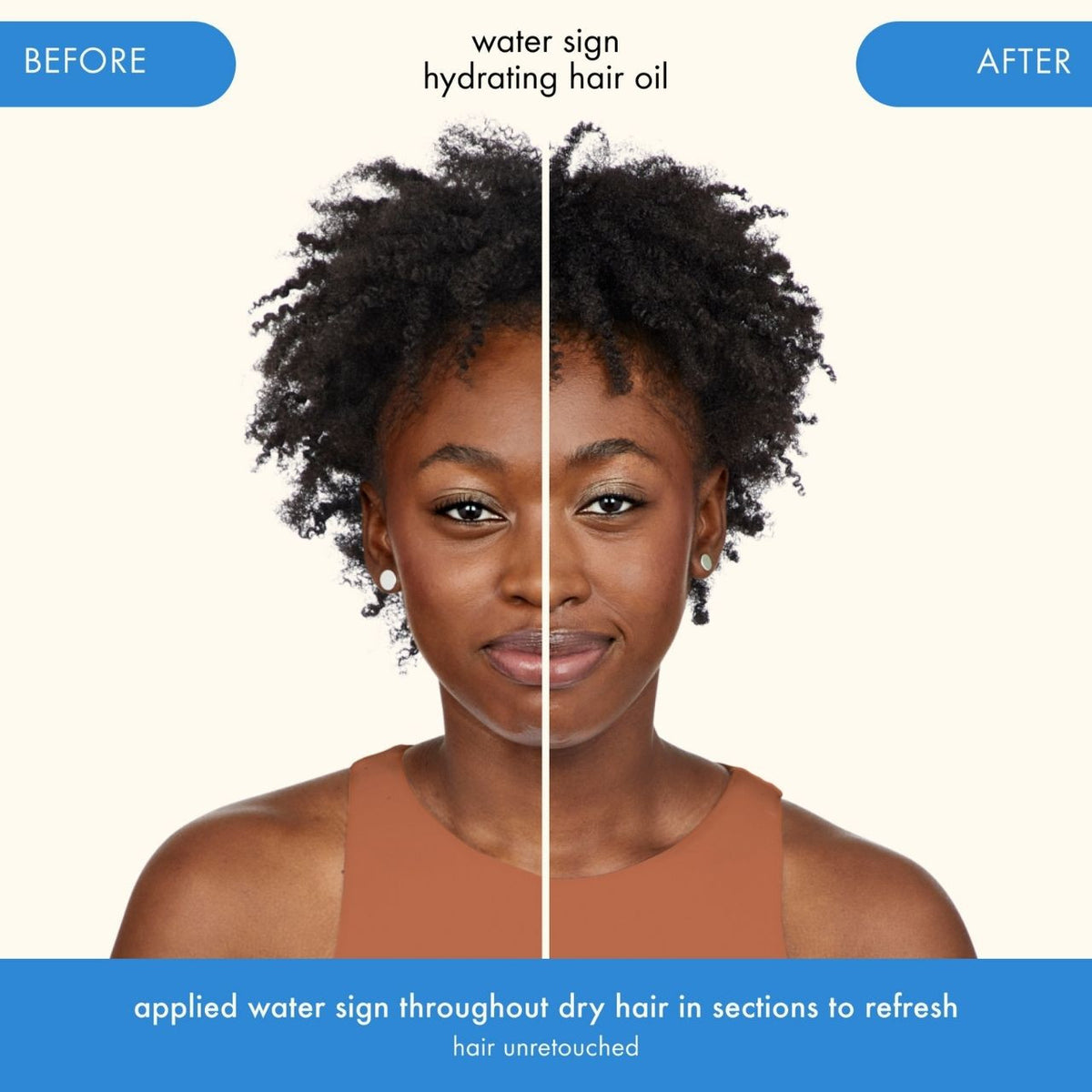 Before and after comparison of a woman's hair with water sign hydrating hair oil.