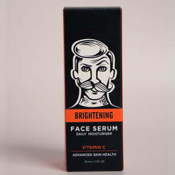 Box of brightening face serum with a stylized face illustration on a light gray background