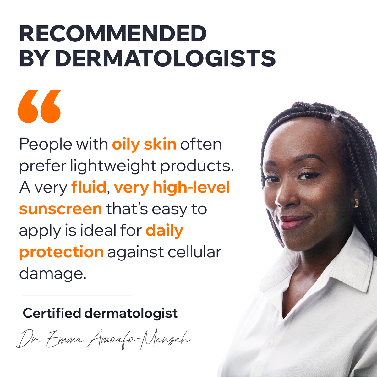 Woman with text about recommended dermatologist products on a white background
