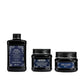 Three black hair care products with blue labels on a white background