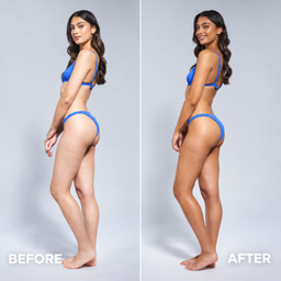 A side-by-side before and after comparison of a woman modeling a blue bikini against a light gray studio background. The left side is labeled BEFORE, and the right side is labeled AFTER.