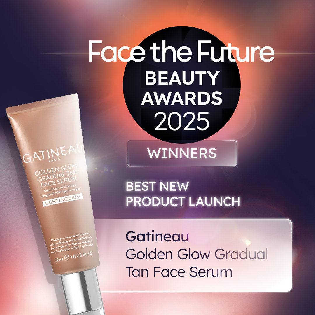 Gatineau Golden Glow Gradual Tan Face Serum with 'Face the Future Beauty Awards 2025' text on a colorful background
