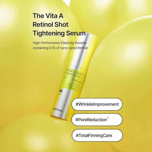 Vita A Retinol Shot Tightening Serum bottle on a yellow background with text highlighting benefits.