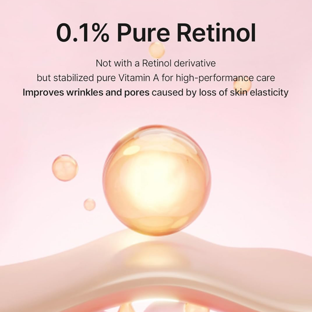 Advertisement for 0.1% Pure Retinol with a pink background and text about its benefits.