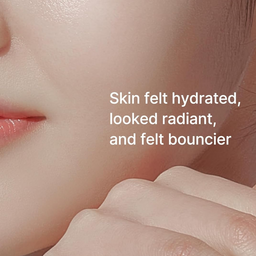Close-up of a person's face with smooth skin and text indicating hydration and radiance.