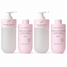 Four Hairgain hair care refill bottles in a set of shampoo, conditioner, and two hydrating conditioners, arranged on a clean white background.