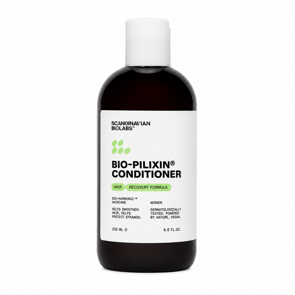 A 250 mL bottle of Scandinavian Biologs Bio-Pilixin Conditioner for hair recovery, featuring a dark amber-brown bottle, white cap, and a white label with green accents.