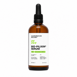 A 100 mL amber glass dropper bottle of Scandinavian Biologs Bio-Pilixin Serum for men, featuring a white label with green and black text, and a black dropper cap, set against a plain white background.