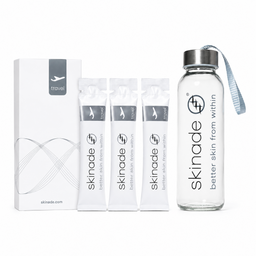 Skinade travel set featuring a clear glass water bottle with a silver cap and blue-gray strap, three individual sachets, and a white box on a clean white background.