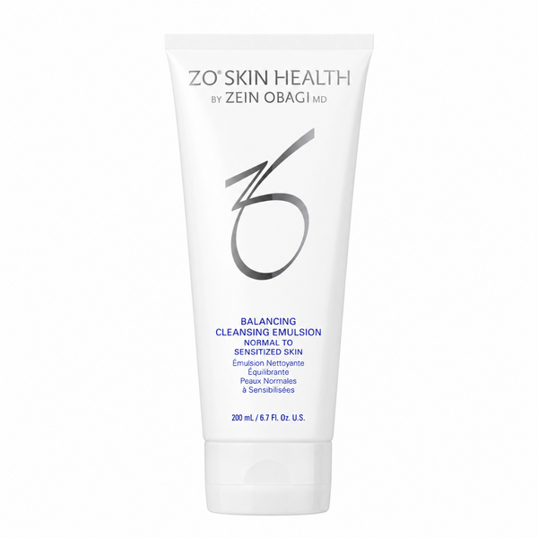 A white squeeze tube of ZO Skin Health Cleansing Emulsion Normal to Sensitized Skin, 200 mL, on a plain white background.