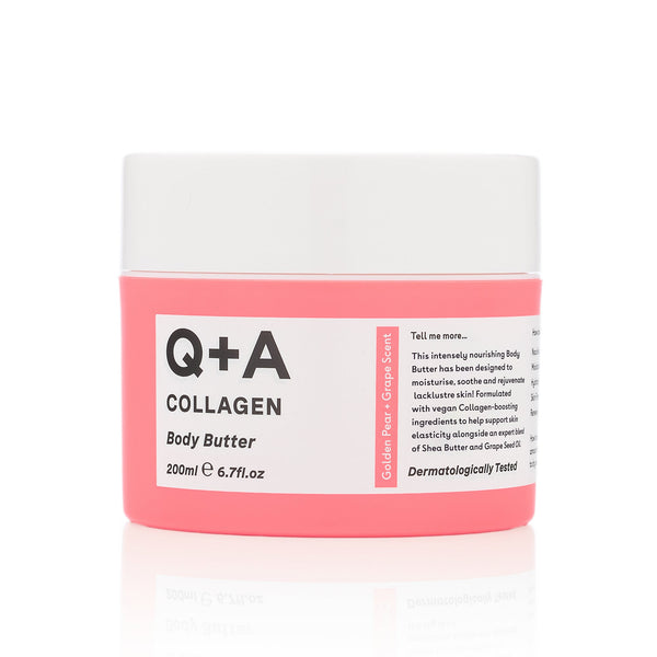 Q+A Collagen Body Butter jar with pink and white design on a white background
