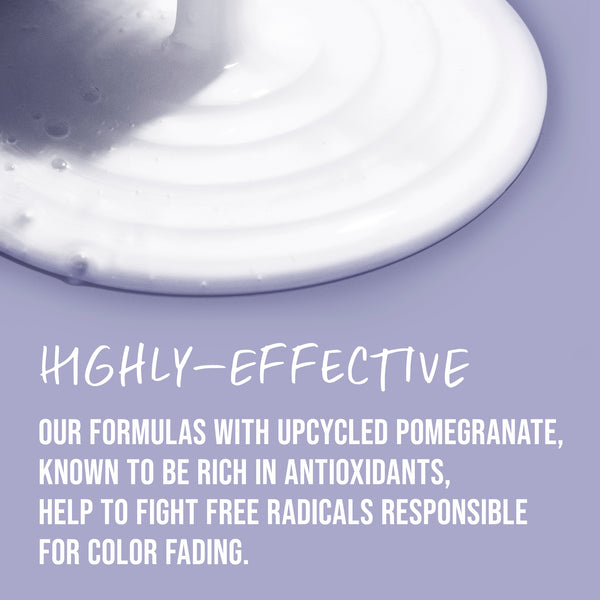 Close-up of a product with text about upcycled pomegranate formulas and antioxidants on a purple background.