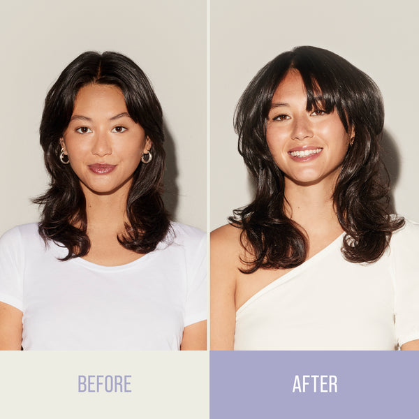 Before and after comparison of a woman with styled hair against a plain background