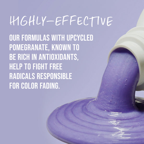 Purple substance being poured with text about upcycled pomegranate formulas on a purple background
